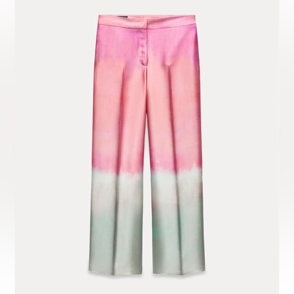 ZARA Pink Green Ombre Watercolor Satin Wide Leg Pants NWOT